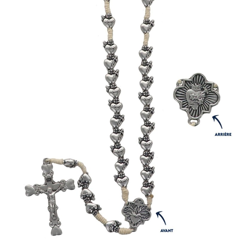 Chapelet métal de l'EX VOTO, grains Ø 8 mm sur corde, longueur jusqu'au cœur 27 cm, croix avec Christ. Livré en boite.